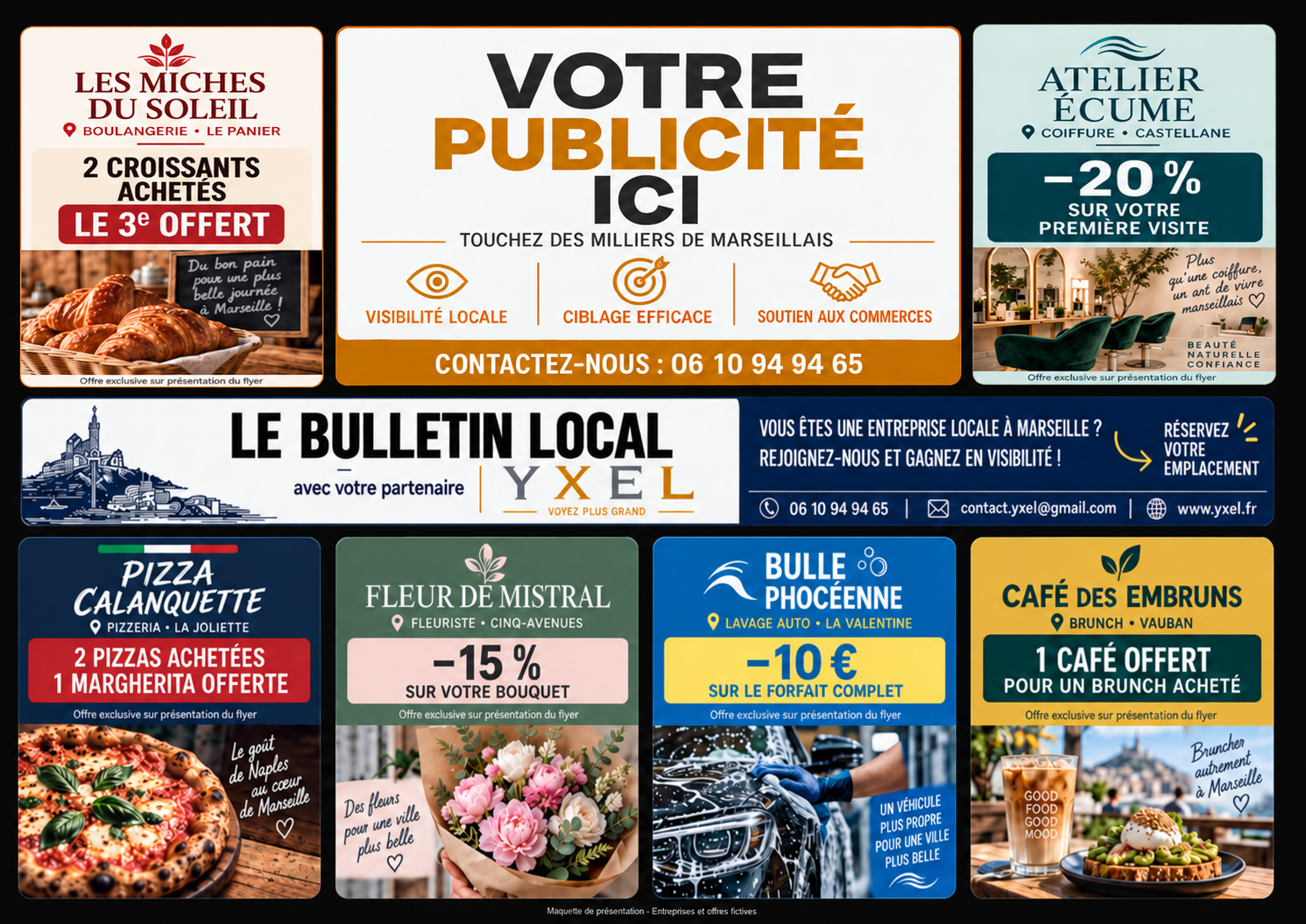 Maquette du flyer Le Bulletin Local YXEL, avec ses emplacements publicitaires
